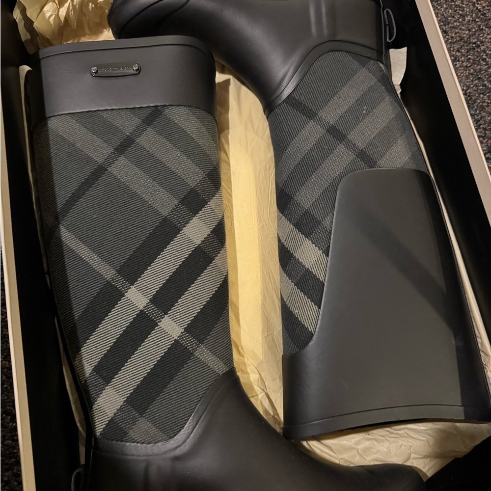 Burberry Black and Gray Plaid Rain Boots